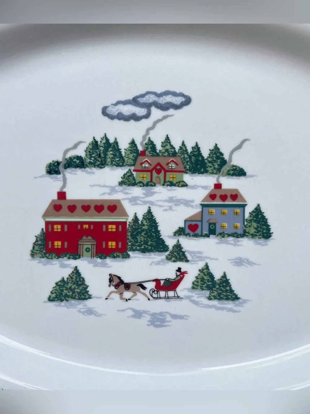 Rare Vintage Lynn’s Christmas Village Plaid Oval Serving Platter Horse Sleigh